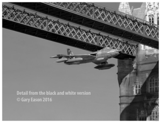 RAF Hunter flying through Tower Bridge