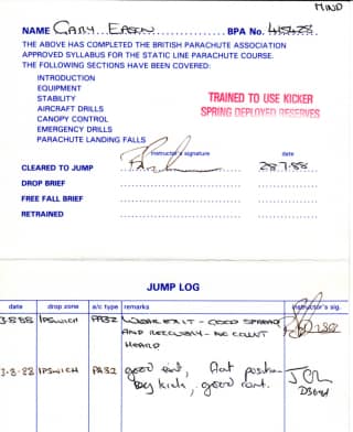 Parachute jump log book extract