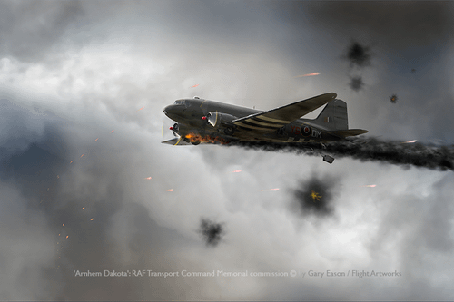 Arnhem-Dakota-drop-FB RAF Dakota on fire among flak