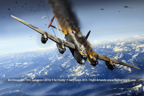 Lancaster-LM756-PG-F-shot-down-Gary-Eason-sm RAF Lancaster going down in flames