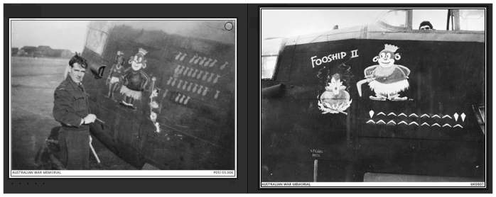Vic Watts at work (left) and another of his nose art paintings. AWM: photographers unknown