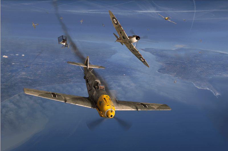 Me 109 going down on fire pilot baling out