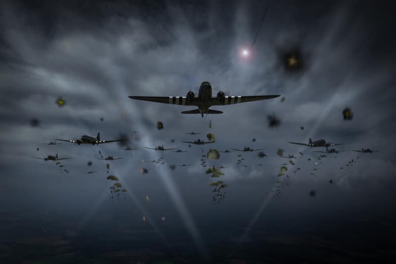 C-47 Dakotas dropping paratroops at night