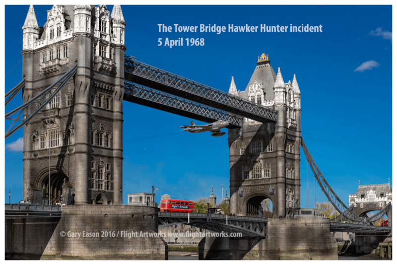 RAF Hunter flying through Tower Bridge