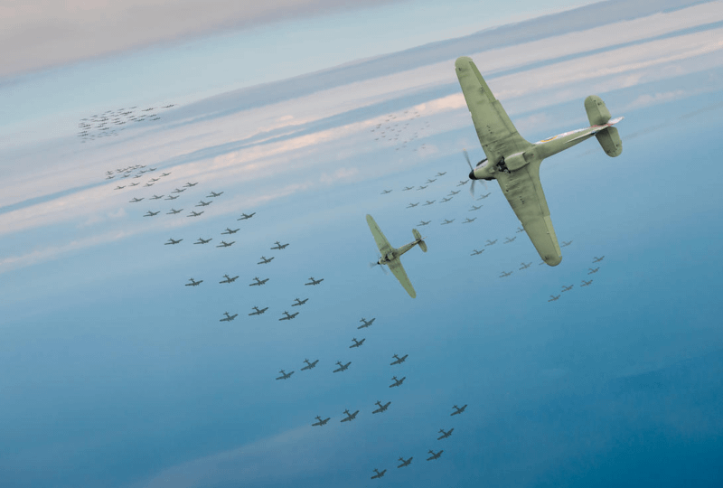 Two Hurricanes attacking fleet of bombers